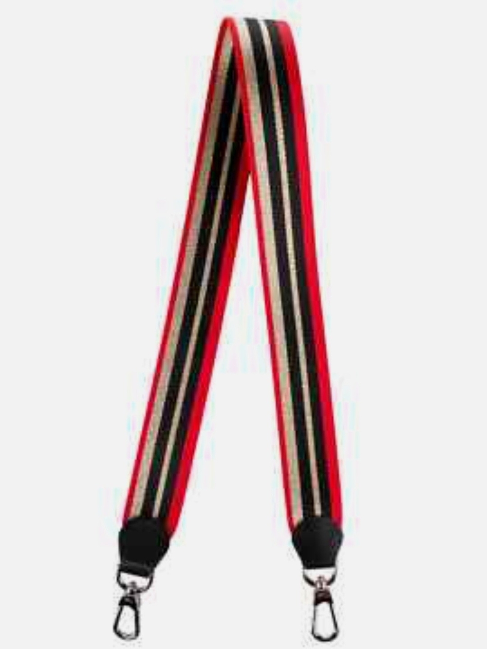 Longchamp. Striped Red, Black & Gold Merallic Bag Strap With Silver Hardware